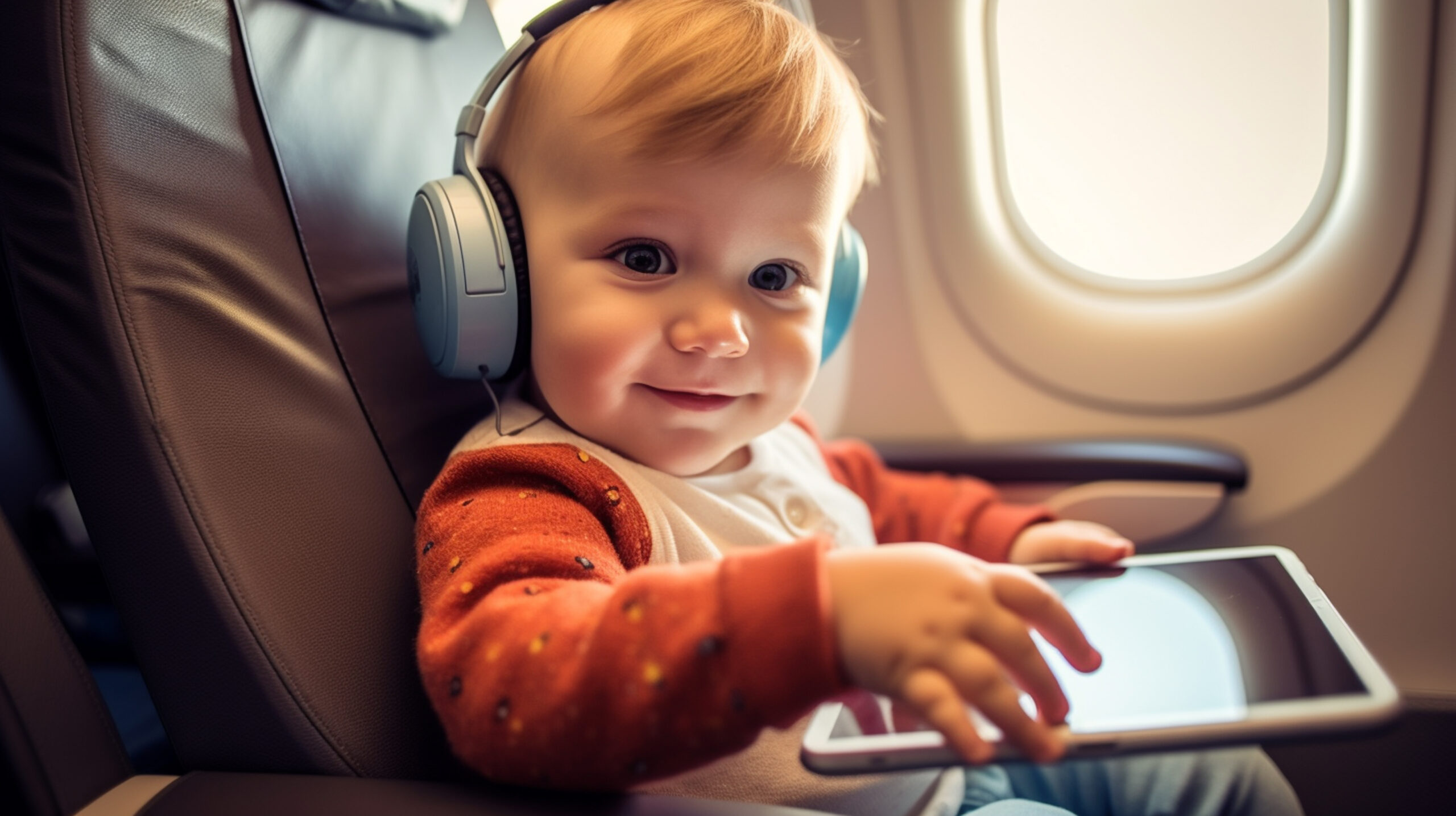 bebé con auriculares en un avión